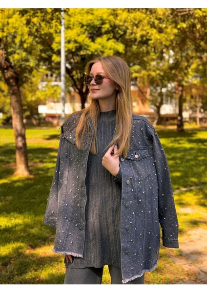 1113 Taşlı Denim Ceket-Füme
