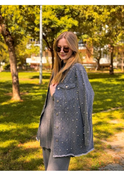 1113 Taşlı Denim Ceket-Füme