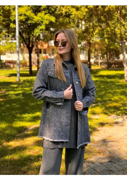 1113 Taşlı Denim Ceket-Füme