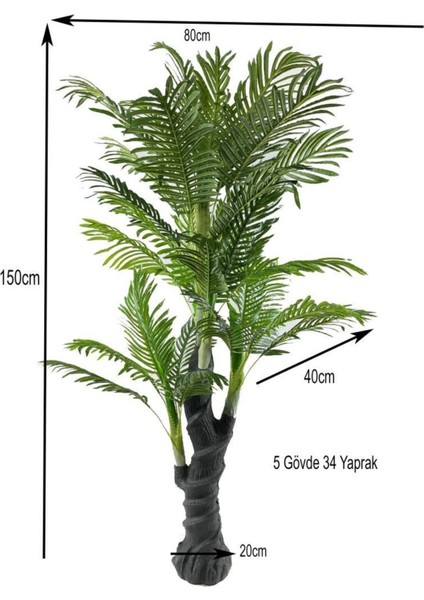 Yapay Ağaç Palmiye 150cm, 5 Gövdeli, 34 Yeşil Yaprak, Saksıda Salon Bitkisi