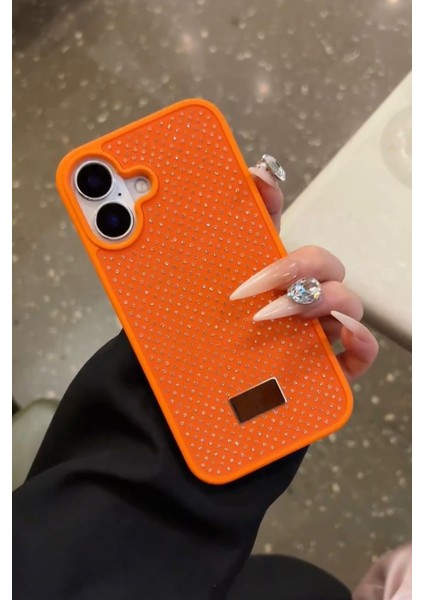 Apple iPhone 16 Uyumlu Elmas Pırlanta Taşlı Turuncu Kılıf