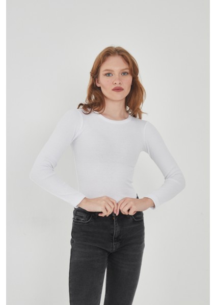 Kadın Bisiklet Yaka Uzun Kollu Fitilli Bluz