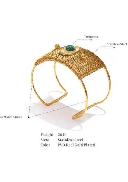 Turkuaz Boncuklu Hasır Görünümlü Gold Renk Çelik bileklik