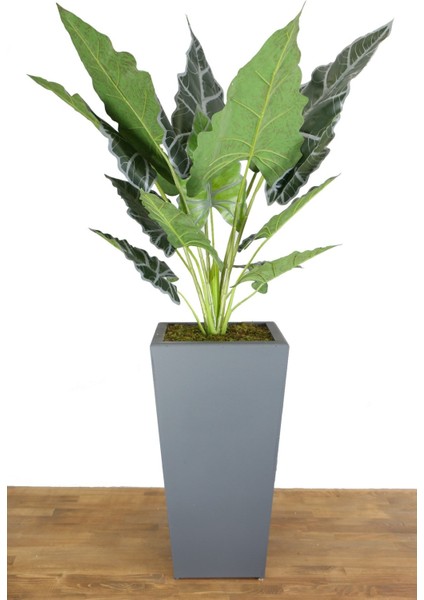 Tekno Trust Yapay Dev Alocasia Bitkisi Ahşap Saksıda 145 cm Yeşil-Gri Yeşil
