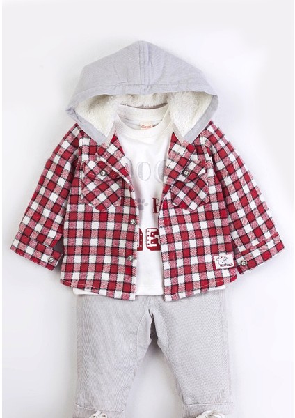 Erkek Bebek Kapşonlu Ekose Gömlekli 3'lü Takım