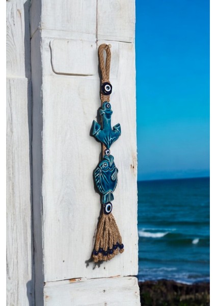 Nazar Boncuklu Seramik Tekne Çapası Desenli Balık Dekoratifli Çok Amaçlı Duvar Süs Eşyası 6x40 Cm modelleri