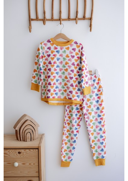 1.0 Tog Çocuk Pijama Takımı - Renkli Kalp Desenli