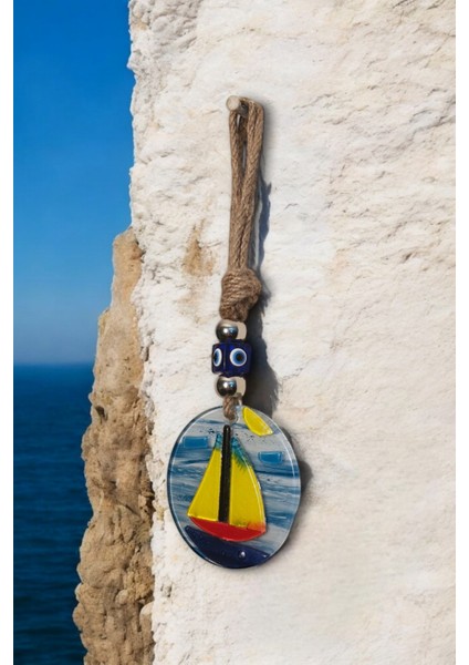 Nazar Boncuklu Cam Işlemeli Renkli Tekne Desenli Mavi Deniz Dekoratifli Çok Amaçlı Süs Eşya 8x23 Cm