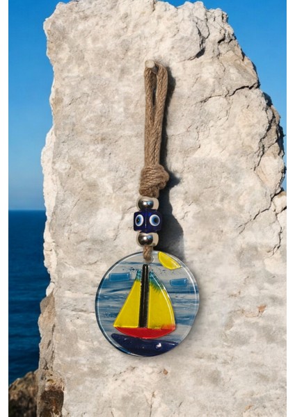 Nazar Boncuklu Cam Işlemeli Renkli Tekne Desenli Mavi Deniz Dekoratifli Çok Amaçlı Süs Eşya 8x23 Cm