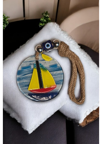Nazar Boncuklu Cam Işlemeli Renkli Tekne Desenli Mavi Deniz Dekoratifli Çok Amaçlı Süs Eşya 8x23 Cm