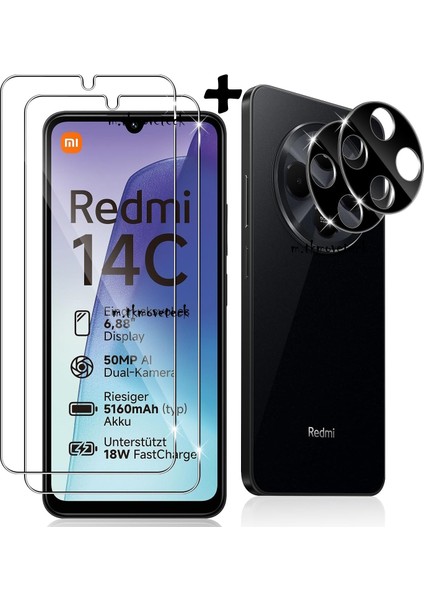 Xiaomi Redmi 14C Uyumlu Kamera Lens Koruyucu Camı Siyah Çerceveli + 9h Ekran Koruyucu Cam (2in1 Set)