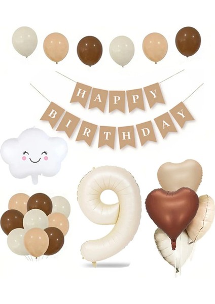 9 Yaş Retro Doğum Günü Seti Krem Rakam Folyo Banner Kalp Folyo Balon (Balon Bandı Hediyeli)