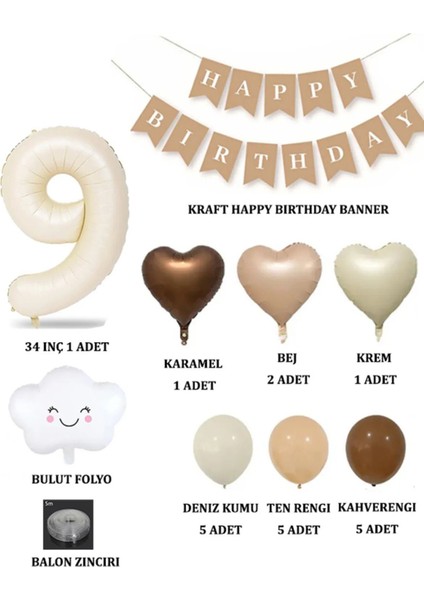 9 Yaş Retro Doğum Günü Seti Krem Rakam Folyo Banner Kalp Folyo Balon (Balon Bandı Hediyeli)