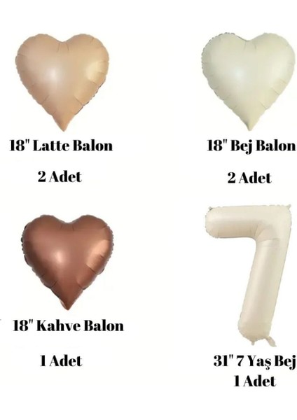 7 Yaş Retro Bej Yaş Balonlu Latte Bej Kahve Kalpli Retro Doğum Günü Yaş Balon Seti