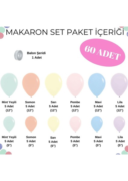 60 Adet Makaron Balon Zincir Seti Mint Yeşili Somon Sarı Pembe Mavi Lila Balon Doğum Günü Setleri