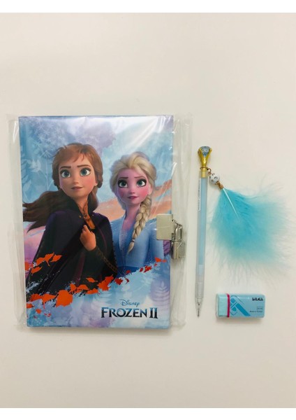 Kırtasiye Seti ( Frozen Kilitli Hatıra Defteri - Uçlu Kalem Tüylü Taşlı - Silgi )