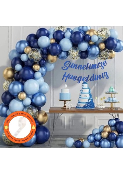 100 Adet Zincir Balon Set Mavi Lacivert Krom Gold Konfetili, Lacivert Sünnetime Hoşgeldiniz Banner