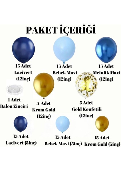 100 Adet Zincir Balon Set Mavi Lacivert Krom Gold Konfetili, Lacivert Sünnetime Hoşgeldiniz Banner