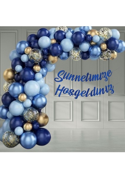 100 Adet Zincir Balon Set Mavi Lacivert Krom Gold Konfetili, Lacivert Sünnetime Hoşgeldiniz Banner