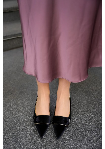 Uliana Siyah Kadife Sivri Burun Düğme Detaylı Kadın Topuklu Ayakkabı modelleri