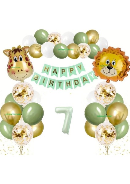 Safari Temalı Adaçayı Yeşili Rakam Balon Set Aslan Zürafa Kafa Folyo