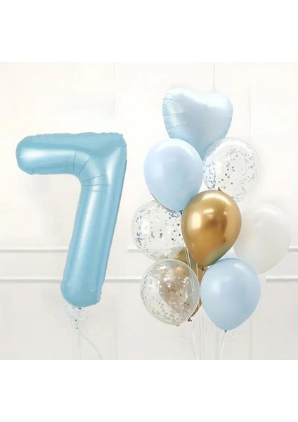 7 Yaş Doğum Günü Seti Yaş Folyo ve Mavi Beyaz Krom Gold Konfetili Kalp Balon Parti Seti