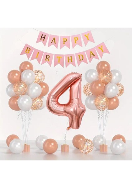 4 Yaş Rosegold Balon Seti Rosegold Konfetili Beyaz Balon Happy Birthday Banner(Balon Bandı Hediyeli)