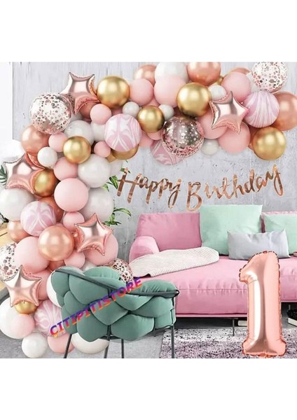 Rose Gold Lu 1 Yaş Doğum Günü Balon Zincir Set