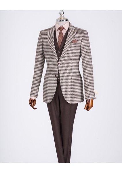 Italyan Stil Slim Fit Erkek Kombin Ceket Yelek Pantolon Takım Elbise Kahverengi T13077