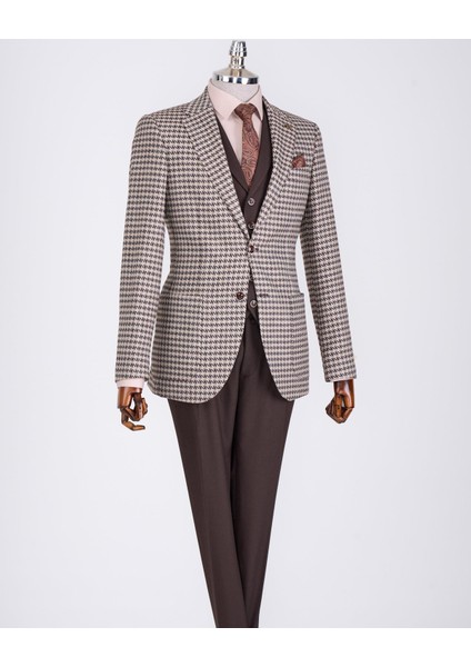 Italyan Stil Slim Fit Erkek Kombin Ceket Yelek Pantolon Takım Elbise Kahverengi T13077