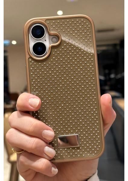 Apple iPhone 16 Uyumlu Elmas Pırlanta Taşlı Kahverengi Kılıf