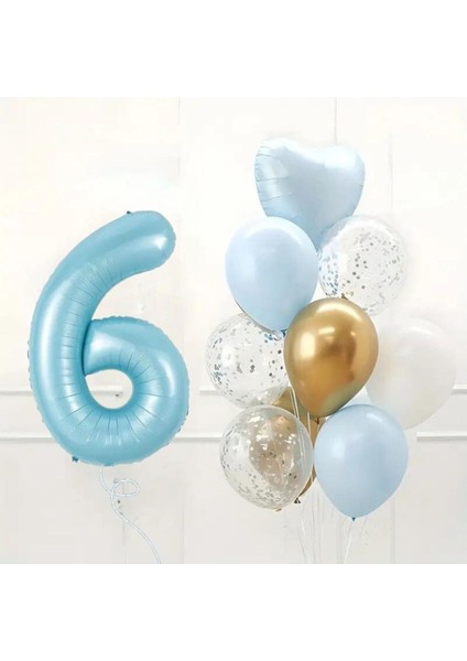 6 Yaş Doğum Günü Seti Yaş Folyo ve Mavi Beyaz Krom Gold Konfetili Kalp Balon Parti Seti