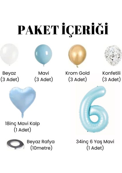 6 Yaş Doğum Günü Seti Yaş Folyo ve Mavi Beyaz Krom Gold Konfetili Kalp Balon Parti Seti fiyatları