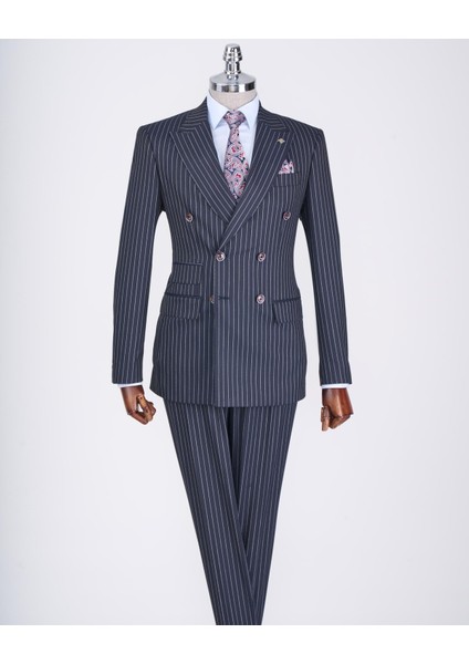 Italyan Stil Slim Fit Çizgili Kruvaze Ceket Pantolon Takım Elbise Lacivert T13060