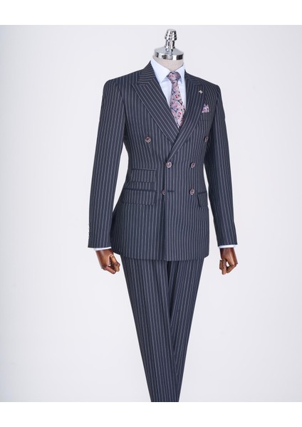 Italyan Stil Slim Fit Çizgili Kruvaze Ceket Pantolon Takım Elbise Lacivert T13060 fırsatları