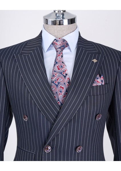 Italyan Stil Slim Fit Çizgili Kruvaze Ceket Pantolon Takım Elbise Lacivert T13060 fiyatları