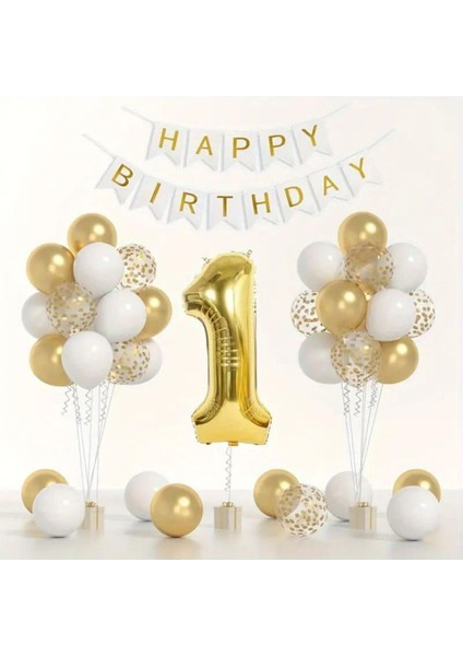 Yaş Gold Balon Seti Krom Gold Konfetili Beyaz Balon Happy Birthday Banner (Balon Bandı Hediyeli)