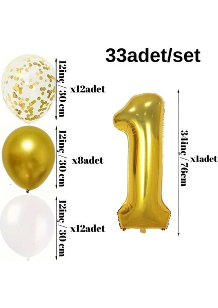 Yaş Gold Balon Seti Krom Gold Konfetili Beyaz Balon Happy Birthday Banner (Balon Bandı Hediyeli)