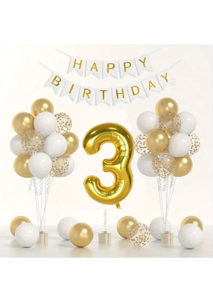 Yaş Gold Balon Seti Krom Gold Konfetili Beyaz Balon Happy Birthday Banner (Balon Bandı Hediyeli)