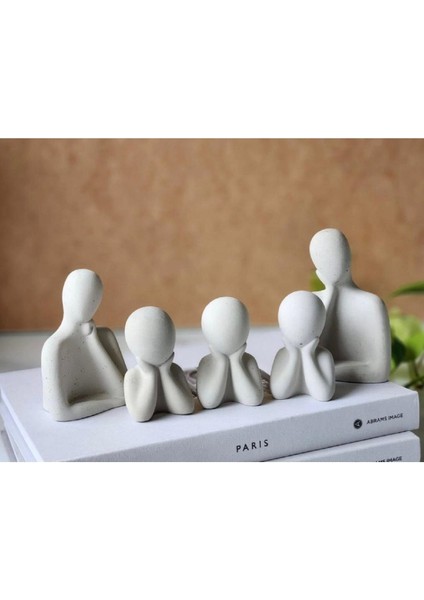 5 Kişilik Beyaz Beton Heykel Obje Aile Biblo, 5x9 cm, taş tozu materyal
