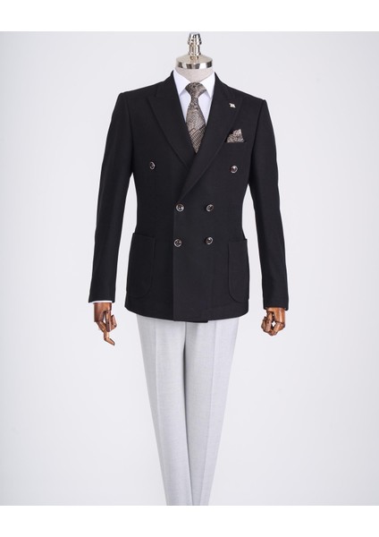 Italyan Stil Slim Fit Kravuze Erkek Tek Ceket Siyah T13340