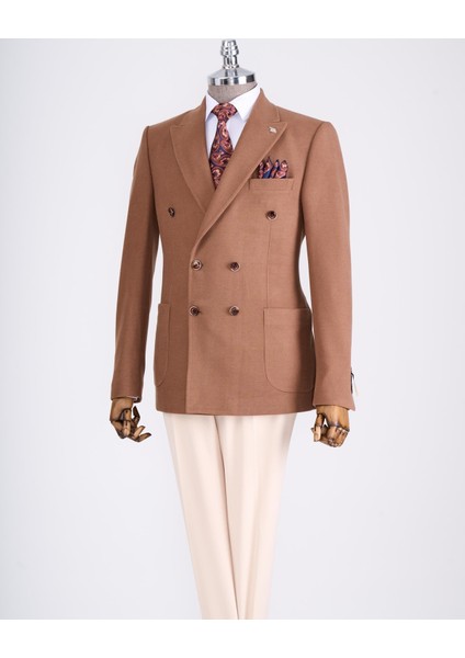 Italyan Stil Slim Fit Kravuze Erkek Tek Ceket Camel T13341