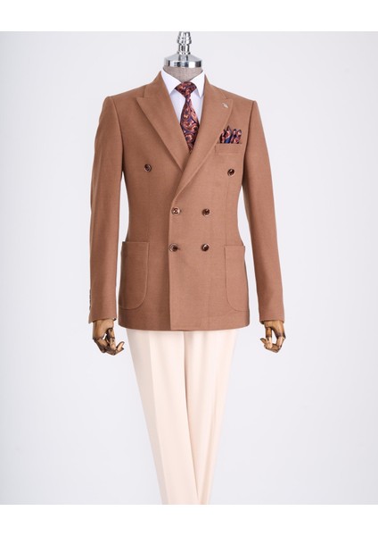 Italyan Stil Slim Fit Kravuze Erkek Tek Ceket Camel T13341 fırsatları