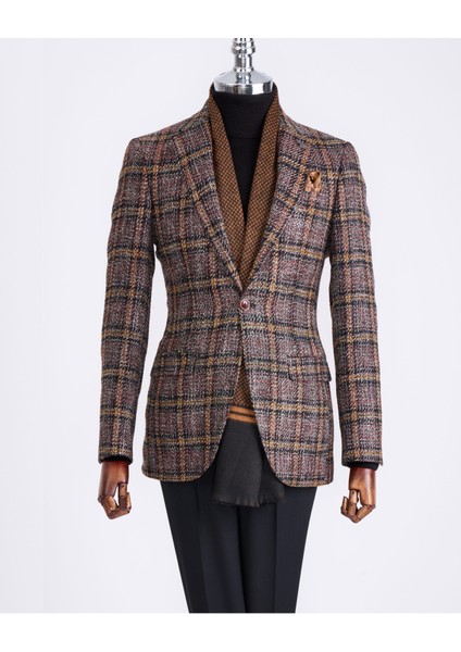 Italyan Stil Slim Fit Ekose Erkek Tek Ceket Siyah T13350