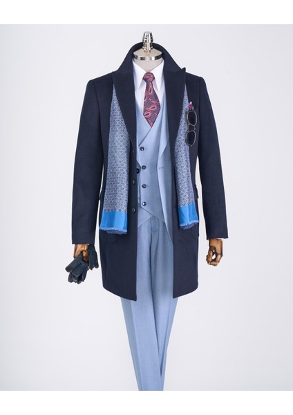 Italyan Stil Slim Fit Sivri Yaka Yün Karışımlı Kaşe Erkek Kaban Lacivert T13364