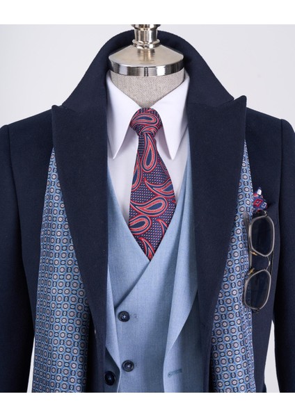 Italyan Stil Slim Fit Sivri Yaka Yün Karışımlı Kaşe Erkek Kaban Lacivert T13364