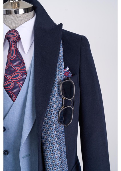 Italyan Stil Slim Fit Sivri Yaka Yün Karışımlı Kaşe Erkek Kaban Lacivert T13364