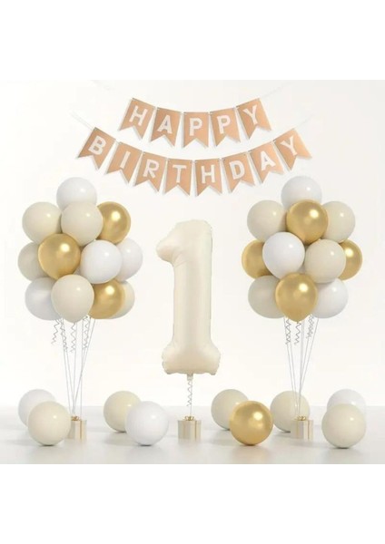 Yaş Retro Krem Balon Seti Krom Gold Deniz Kumu Beyaz Happy Birthday Banner (Balon Bandı Hediyeli)