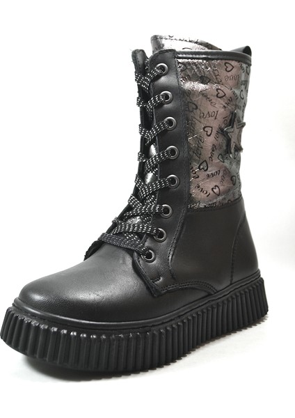 OP.7629 Deri Siyah Kürklü Fermuarlı Kız Çocuk Postal Bot fiyatları