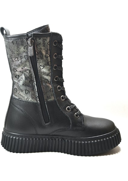 OP.7629 Deri Siyah Kürklü Fermuarlı Kız Çocuk Postal Bot modelleri